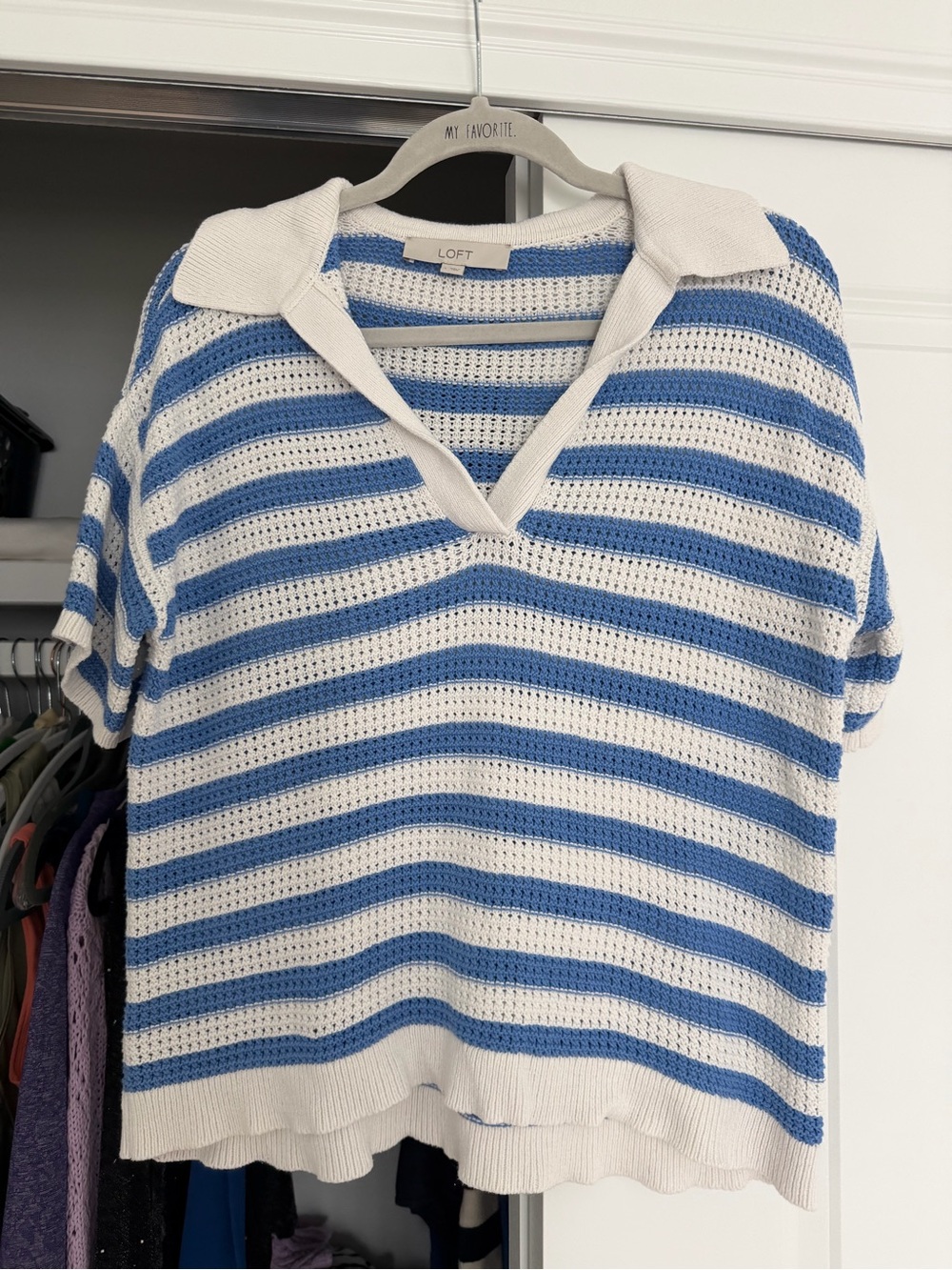 LOFT White and Blue Striped Open-Knit Polo Sweater